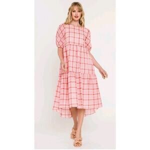 English Factory Plaid Tiered Cotton Blend Lined Midi Dress Size Medium NWT